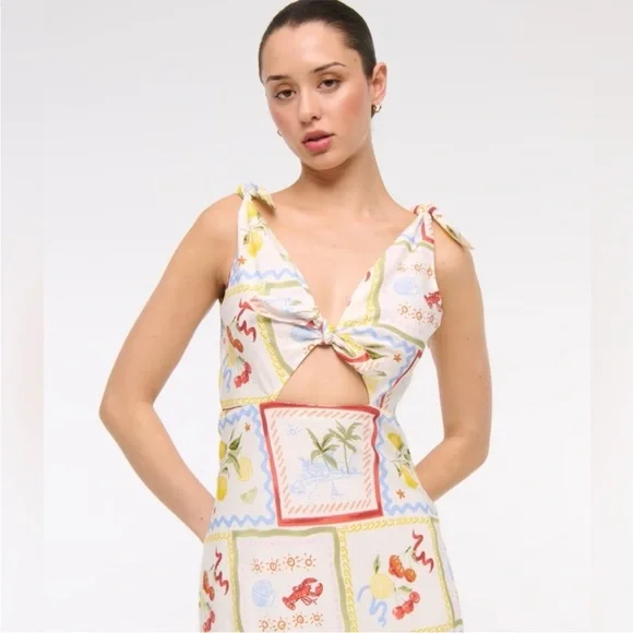 Abercrombie and Fitch Tie Front Scarf Midi Dress Italy Coastal Fruit Sz L NEW - Picture 2 of 13